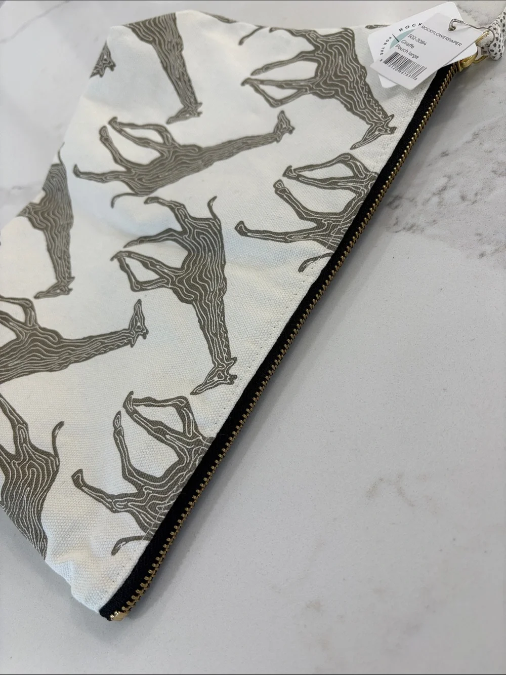 Rock Flower Paper Ivory White Grey Giraffe Print Canvas Large Pouch Cosmetic Bag